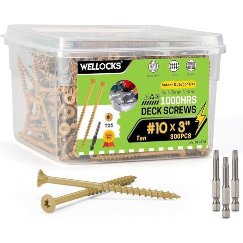 مسامير سطح WELLOCKS مقاس 3 بوصات، براغي خشبية #10×3 بوصة، أسمر 300 قطعة مع 3 قطع، مقاومة فائقة للصدأ، مطلية بالإيبوكسي، طلاء رش ملح أكثر من 1000 ساعة، T25 Torx Star Bit متضمنة للسياج الخشبي الخارجي in Kuwait