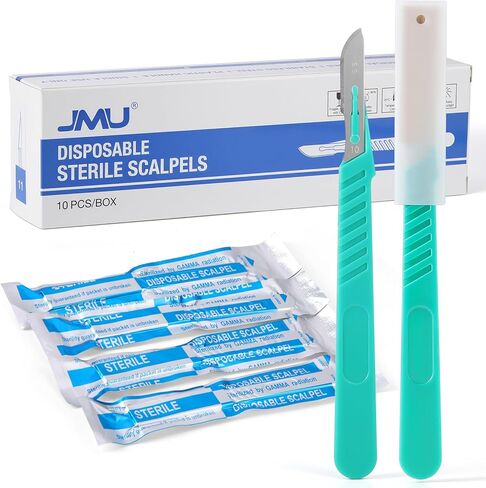 JMU #10 Disposable Sterile Scalpels with Plastic Handle, Pack of 10, Stainless-steel Blade, Individually Wrapped in Saudi Arabia