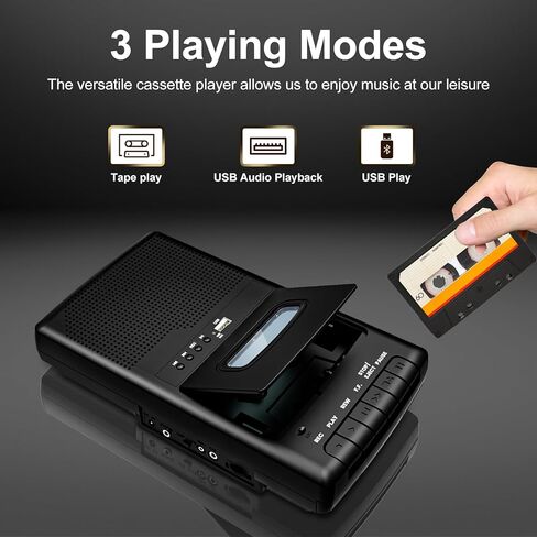محول مشغل الكاسيت ، سجل إلى الكاسيت/USB عبر الميكروفون ، كاسيت محمول إلى موسيقى mp3 عبر قرص U ، مشغل شريط كاسيت مع مقبس سماعة الرأس ، مقبض قابل للسحب ، تسجيل واحد (أسود) in Saudi Arabia