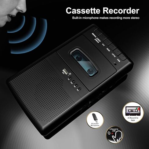 محول مشغل الكاسيت ، سجل إلى الكاسيت/USB عبر الميكروفون ، كاسيت محمول إلى موسيقى mp3 عبر قرص U ، مشغل شريط كاسيت مع مقبس سماعة الرأس ، مقبض قابل للسحب ، تسجيل واحد (أسود) in Saudi Arabia