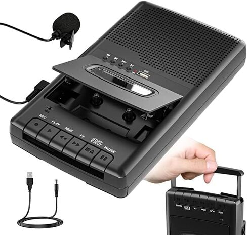 محول مشغل الكاسيت ، سجل إلى الكاسيت/USB عبر الميكروفون ، كاسيت محمول إلى موسيقى mp3 عبر قرص U ، مشغل شريط كاسيت مع مقبس سماعة الرأس ، مقبض قابل للسحب ، تسجيل واحد (أسود) in Saudi Arabia