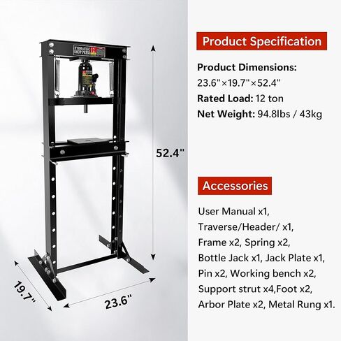 مكبس هيدروليكي عالي التحمل 12 طن للسيارات وأشغال المعادن - إطار H فولاذي قابل للتعديل، مقياس الضغط، لوحات متحركة، مثالي لإزالة المحامل، والاستقامة، والانحناء - أسود in Kuwait
