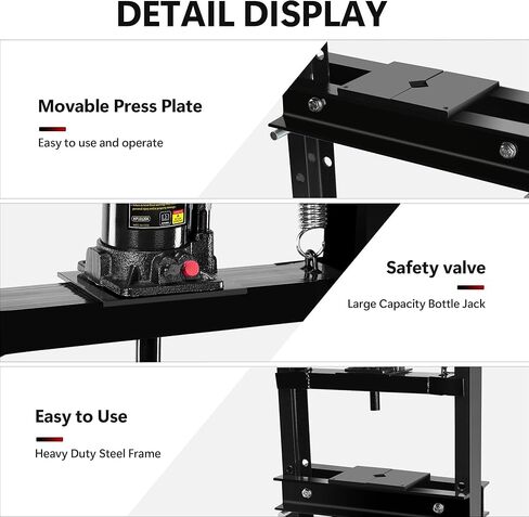 مكبس هيدروليكي عالي التحمل 12 طن للسيارات وأشغال المعادن - إطار H فولاذي قابل للتعديل، مقياس الضغط، لوحات متحركة، مثالي لإزالة المحامل، والاستقامة، والانحناء - أسود in Kuwait