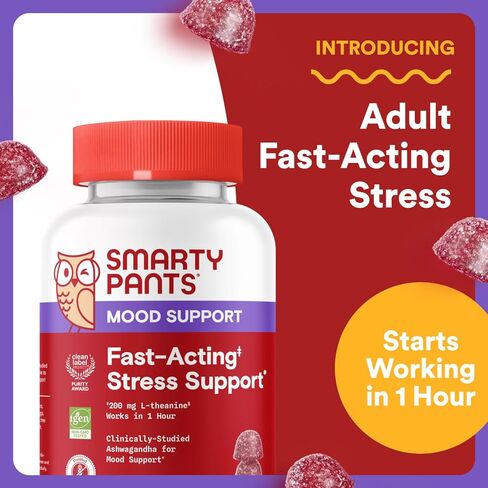 SmartyPants Adult Stress Support Gummies: Fast-Acting Calm & Mood Support with L-Theanine 200mg & Ashwagandha (Sensoril), Non-Drowsy, Mixed Berry Flavor, 60 Count (30 Day Supply) in Saudi Arabia