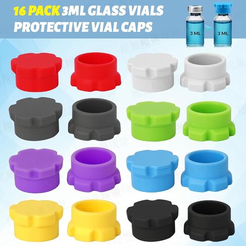 16 Pack 3ml Vial Caps, Reusable Silicone Protective Covers with 8 Assorted Colors, Leak-Proof & Dust-Resistant Lids for Peptides & Injection Vials, Easy to Clean & Organize in Saudi Arabia