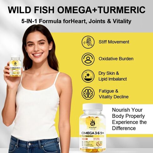 120 Softgels, Triple Omega 3 6 9 Supplement with Turmeric, Curcumin, DHA & EPA, Fish Oil Supplement for Brain & Heart Health and Joint Support, Advanced Absorption in Kuwait