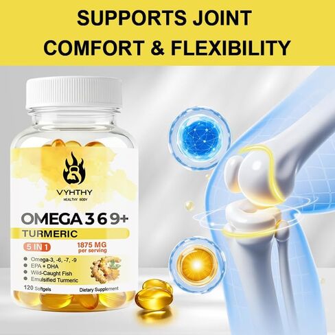 120 Softgels, Triple Omega 3 6 9 Supplement with Turmeric, Curcumin, DHA & EPA, Fish Oil Supplement for Brain & Heart Health and Joint Support, Advanced Absorption in Kuwait