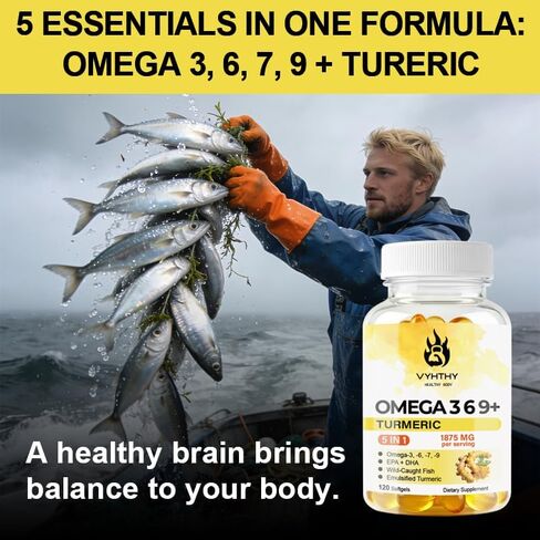 120 Softgels, Triple Omega 3 6 9 Supplement with Turmeric, Curcumin, DHA & EPA, Fish Oil Supplement for Brain & Heart Health and Joint Support, Advanced Absorption in Kuwait