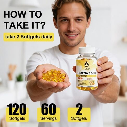 120 Softgels, Triple Omega 3 6 9 Supplement with Turmeric, Curcumin, DHA & EPA, Fish Oil Supplement for Brain & Heart Health and Joint Support, Advanced Absorption in Kuwait