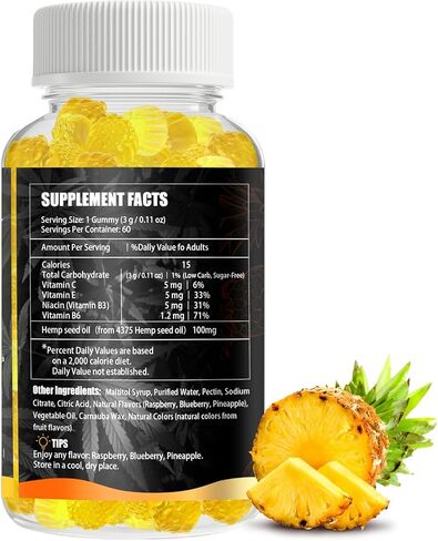 علكات القنب للقلق من آلام النوم - 120 قطعة من مستخلص زيت القنب الطبيعي النباتي مع أوميغا وفيتامين ب للاسترخاء والسلام - على شكل توت العليق (نكهة الأناناس) in Kuwait