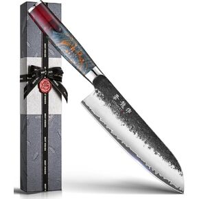 Japanese Chef Knife, 7 Inch Hand Forged Santoku Knife with VG10 Steel, Chefs Knives for Professional & Home Kitchen, Sharp Kitchen Knives with Red Ergonomic Handle, Cooking Gifts for Men and Women in Saudi Arabia