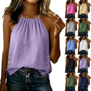 Sleeveless Tops for Women Trendy Cute Cotton Linen Halter Cami Top Button At The Hem Casual Loose Summer Tanks in Saudi Arabia