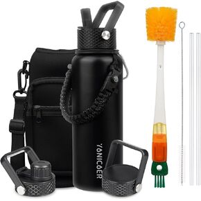 Insulated Water Bottle 64oz,Triple Wall Vacuum Stainless Steel(Dishwasher Safe),Leak Proof & Non-BPA,Flask Jug with Paracord Handle & Straw Spout Lids Sports Black in Saudi Arabia