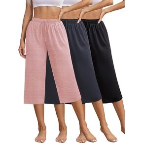 مجموعة من 3 سراويل كابري نسائية كاجوال برباط لليوجا، سراويل بيجامة فضفاضة ناعمة وواسعة الساق مع جيوب in Kuwait