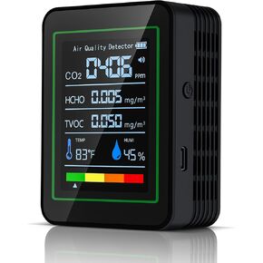 مراقب جودة الهواء الداخلي، 5 في 1 كاشف احترافي لجودة الهواء لثاني أكسيد الكربون، TVOC، HCHO، درجة الحرارة، الرطوبة للمنزل، الفندق، المكتب، السيارة (أسود) in Kuwait