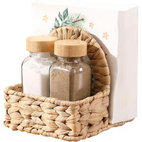Napkin Holder for Table with Salt and Pepper Shakers, Natural Woven Water Hyacinth Includes 2 Glass Shakers, Tabletop Organizer for Kitchen, Home, Dining and Bar in Saudi Arabia