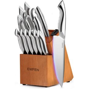 مجموعة سكاكين EWFEN، مجموعة سكاكين مطبخ مكونة من 14 قطعة مع كتلة، سكاكين ألمانية من الفولاذ المقاوم للصدأ مع مبراة سكاكين مدمجة، مجموعة سكاكين حادة مضادة للانزلاق للمطبخ، آمنة للاستخدام في غسالة الأطباق، مقبض منحني in Kuwait