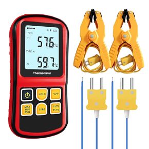 K-Type Thermocouple Thermometer Dual Channel, Digital Thermocouple Tester (-238°F to 3212°F) with 2 Wired Temp Probes & 2 Temperature Clamps, HVAC Temperature Meter for K/J/T/E/R/S/N Type in Kuwait