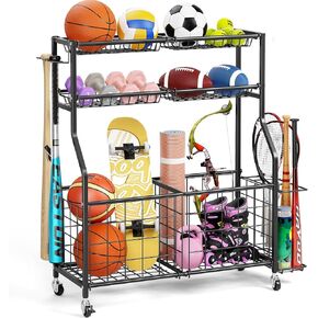 منظم المعدات الرياضية من TOOLF Garage مع حامل كروي وسلة، عربة تخزين للتمارين الرياضية شديدة التحمل لمعدات الصالة الرياضية، منظمات ألعاب خارجية، أسود in Kuwait