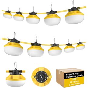 100FT LED سلسلة أضواء البناء، 100W 10000LM أضواء العمل المؤقتة الصف الصناعية مع 10 لمبات، قابلة للربط 5000K إضاءة مقاومة للطقس فائقة السطوع لموقع البناء، موقع العمل، والاستخدام في الهواء الطلق in Kuwait