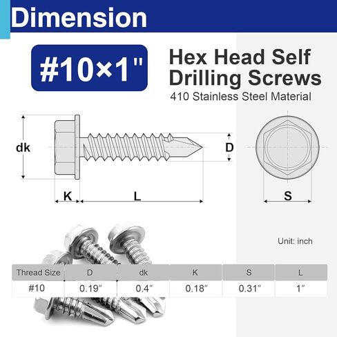 60Pcs #10×3/4" Self Tapping Screws for Metal, 410 Stainless Steel Hex Washer Head Sheet Metal Screw in Kuwait