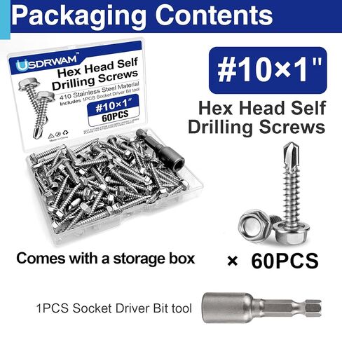 60Pcs #10×3/4" Self Tapping Screws for Metal, 410 Stainless Steel Hex Washer Head Sheet Metal Screw in Kuwait