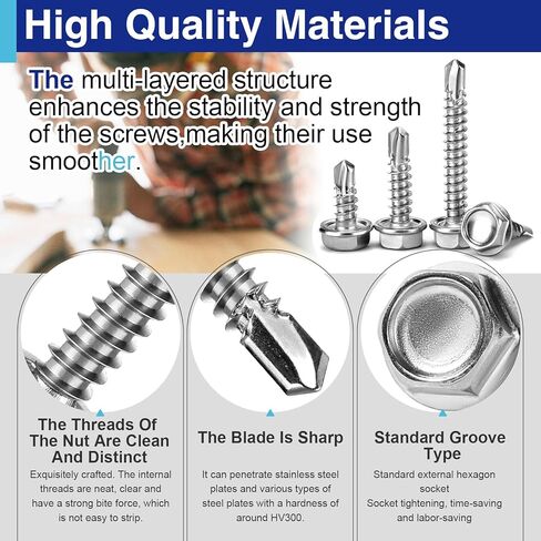 60Pcs #10×3/4" Self Tapping Screws for Metal, 410 Stainless Steel Hex Washer Head Sheet Metal Screw in Kuwait