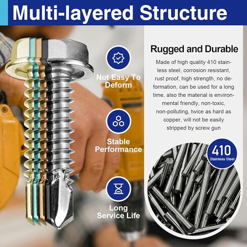 60Pcs #10×3/4" Self Tapping Screws for Metal, 410 Stainless Steel Hex Washer Head Sheet Metal Screw in Kuwait