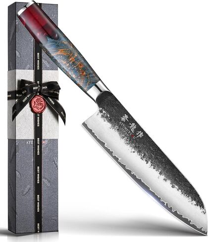 Japanese Chef Knife, 7 Inch Hand Forged Santoku Knife with VG10 Steel, Chefs Knives for Professional & Home Kitchen, Sharp Kitchen Knives with Red Ergonomic Handle, Cooking Gifts for Men and Women in Saudi Arabia