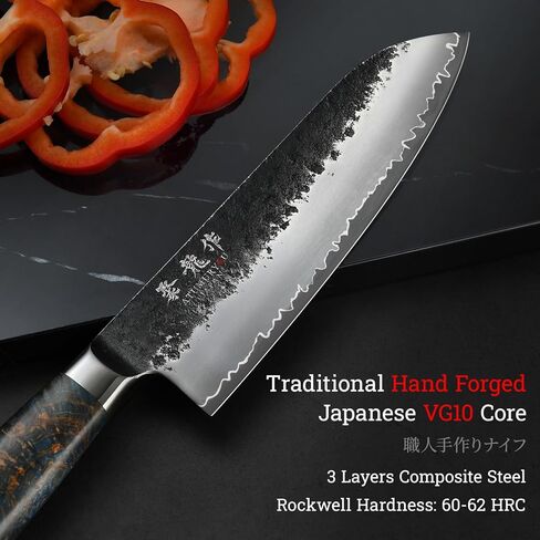 Japanese Chef Knife, 7 Inch Hand Forged Santoku Knife with VG10 Steel, Chefs Knives for Professional & Home Kitchen, Sharp Kitchen Knives with Red Ergonomic Handle, Cooking Gifts for Men and Women in Saudi Arabia