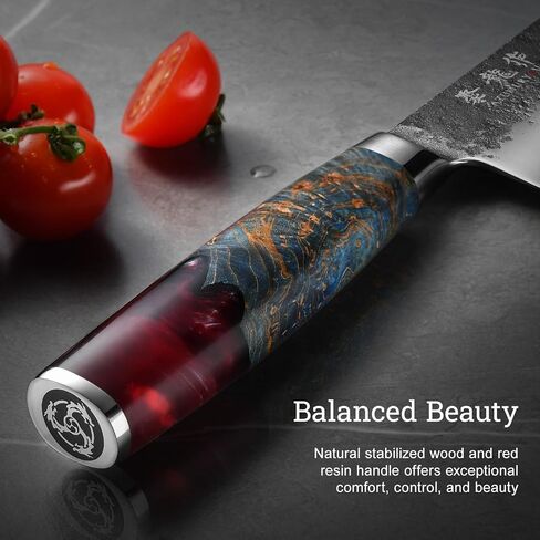 Japanese Chef Knife, 7 Inch Hand Forged Santoku Knife with VG10 Steel, Chefs Knives for Professional & Home Kitchen, Sharp Kitchen Knives with Red Ergonomic Handle, Cooking Gifts for Men and Women in Saudi Arabia