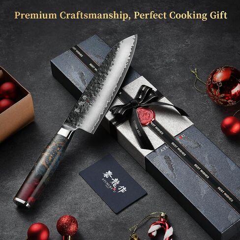 Japanese Chef Knife, 7 Inch Hand Forged Santoku Knife with VG10 Steel, Chefs Knives for Professional & Home Kitchen, Sharp Kitchen Knives with Red Ergonomic Handle, Cooking Gifts for Men and Women in Saudi Arabia
