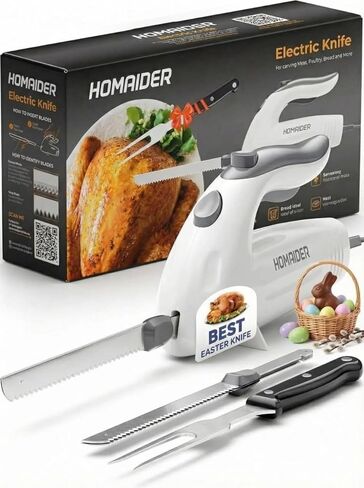 سكين كهربائي لتقطيع اللحوم والديك الرومي ونحت اللحوم والخبز والمزيد | مقبض مريح + 2 شفرات نحت ترددية من الفولاذ المقاوم للصدأ وشوكة تقديم متضمنة، وسلك بطول 6 أقدام in Kuwait