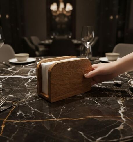 حامل مناديل خشب المانجو الفاخر للطاولة، حامل مناديل ورقية خشبية ريفية منتصبة وموزع تخزين منظم للمطبخ وغرفة الطعام والحفلات والمقهى وديكور المنزل، 5.5 × 2.5 × 4 بوصة in Kuwait