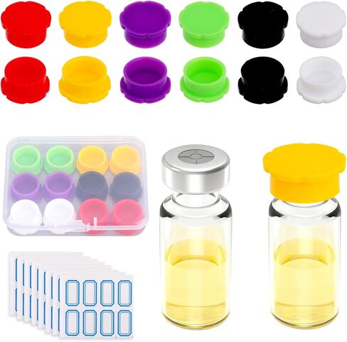 12 قطعة من أغطية قارورة زجاجية سعة 5 مل مع 64 قطعة من ملصقات الملصقات، أغطية أغطية قارورة واقية مقاومة للتسرب والغبار للمختبرات والعيادات وتنظيم المنزل (6 ألوان) in Kuwait