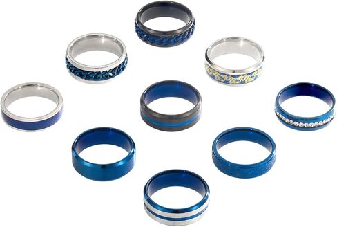 9 pieces/set men's golden/silver ring set (2 of which chain rotating rings relieve anxiety and stress) trendy and fashionable women's couple stainless steel rings in Kuwait