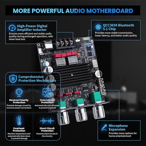 ZK-1002Q Bluetooth 5.1 2.0 Channel Hi-Fi Amplifier Board - 200W, with Treble and Bass Controls, Qualcomm APTX-HD, AUX Input, Mic Input, for DIY Speakers in Saudi Arabia