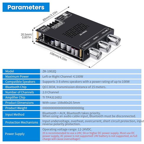 ZK-1002Q Bluetooth 5.1 2.0 Channel Hi-Fi Amplifier Board - 200W, with Treble and Bass Controls, Qualcomm APTX-HD, AUX Input, Mic Input, for DIY Speakers in Saudi Arabia