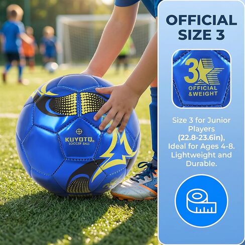 كرة قدم للأطفال من KUYOTQ مقاس 3، كرة تدريب ومطابقة من جلد TPU اللامع باللون الأزرق الذهبي للأطفال الشباب، بناء احترافي للاستخدام الداخلي والخارجي مع لمسة فائقة in Kuwait