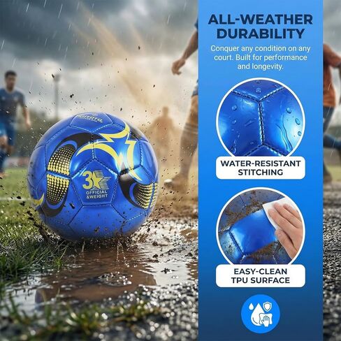 كرة قدم للأطفال من KUYOTQ مقاس 3، كرة تدريب ومطابقة من جلد TPU اللامع باللون الأزرق الذهبي للأطفال الشباب، بناء احترافي للاستخدام الداخلي والخارجي مع لمسة فائقة in Kuwait