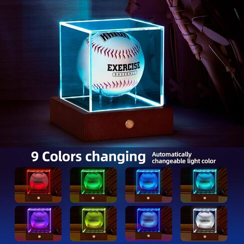 حافظة عرض البيسبول LED من HouseJoy: حامل كرة مكعب أكريليك مع ضوء 9 ألوان، صندوق عرض بقاعدة خشبية، مكعب شفاف محمي من الأشعة فوق البنفسجية لهدايا البيسبول التذكارية in Kuwait