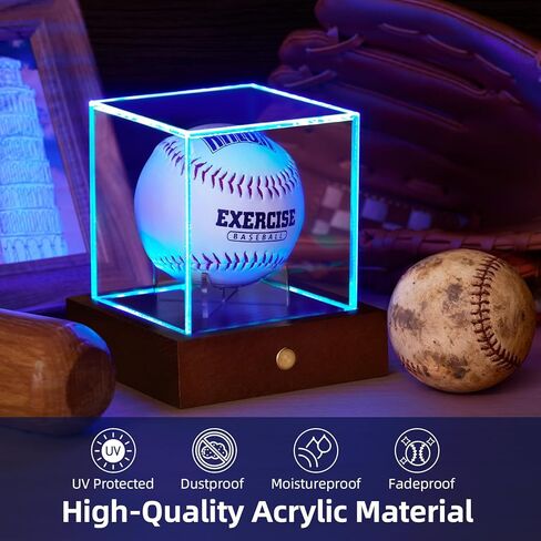 حافظة عرض البيسبول LED من HouseJoy: حامل كرة مكعب أكريليك مع ضوء 9 ألوان، صندوق عرض بقاعدة خشبية، مكعب شفاف محمي من الأشعة فوق البنفسجية لهدايا البيسبول التذكارية in Kuwait
