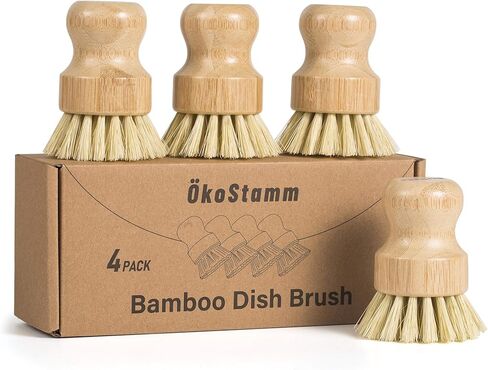 4 Pack Bamboo Dish Brush, Dish Scrubber Brush with Sisal Bristle, Natural Scrub Brush for Kitchen Cleaning Dishes, Pots, Pans, Bottles, Vegetables in Kuwait