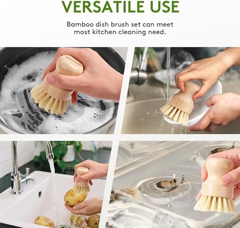 4 Pack Bamboo Dish Brush, Dish Scrubber Brush with Sisal Bristle, Natural Scrub Brush for Kitchen Cleaning Dishes, Pots, Pans, Bottles, Vegetables in Kuwait