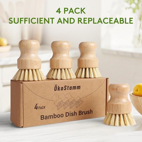 4 Pack Bamboo Dish Brush, Dish Scrubber Brush with Sisal Bristle, Natural Scrub Brush for Kitchen Cleaning Dishes, Pots, Pans, Bottles, Vegetables in Kuwait