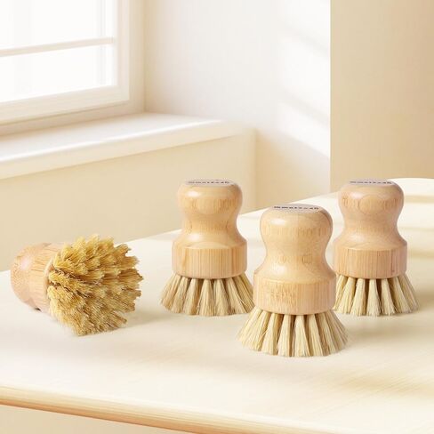 4 Pack Bamboo Dish Brush, Dish Scrubber Brush with Sisal Bristle, Natural Scrub Brush for Kitchen Cleaning Dishes, Pots, Pans, Bottles, Vegetables in Kuwait