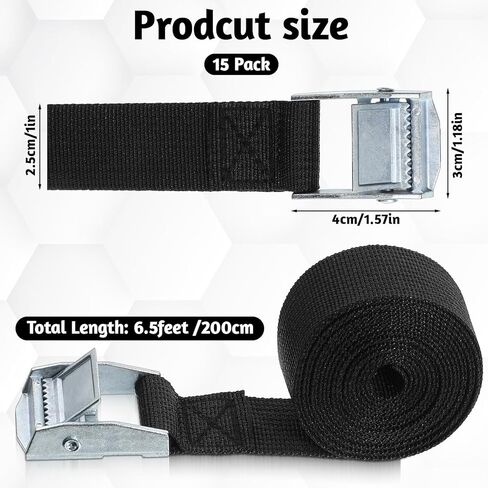 15 Pack Lashing Straps 6.5ft x 1" Adjustable Kayaks Tie Down Cam Buckle Straps with Buckles up to 250lbs for Cargo, Luggage, Motorcycles, Truck, Car Roof Rack, Surfboard, Black in Kuwait
