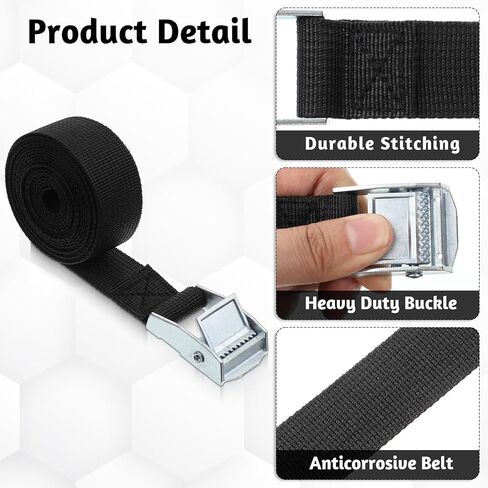 15 Pack Lashing Straps 6.5ft x 1" Adjustable Kayaks Tie Down Cam Buckle Straps with Buckles up to 250lbs for Cargo, Luggage, Motorcycles, Truck, Car Roof Rack, Surfboard, Black in Kuwait