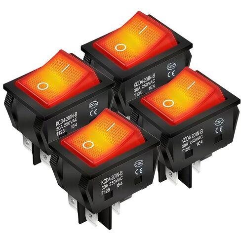 WELCAPAC- 30A 250V/120V KCD4 Rocker Switch DPST 4 Pin Red Lighted, ON/Off Power Switch Heavy Duty (4-Pack) in Kuwait
