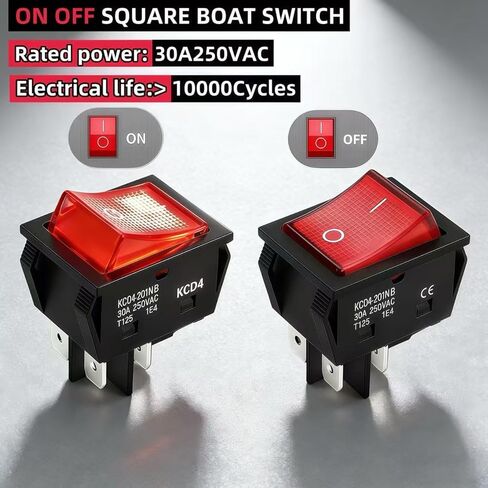 WELCAPAC- 30A 250V/120V KCD4 Rocker Switch DPST 4 Pin Red Lighted, ON/Off Power Switch Heavy Duty (4-Pack) in Kuwait